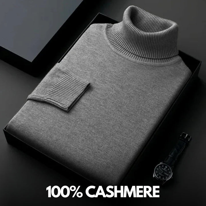 Folded plain knit turtleneck sweater with ribbed collar and cuffs