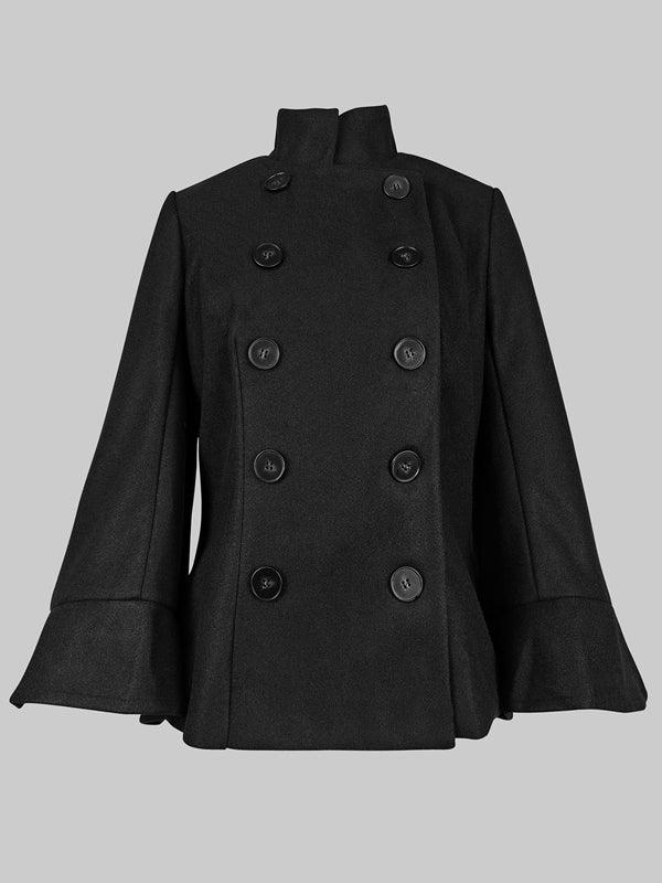 Women's black high neck cape coat with buttons and flared sleeves