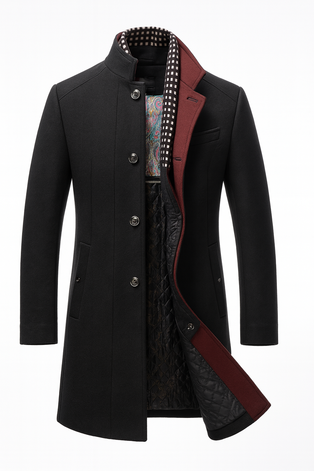 Men's textured button-front overcoat with Mandarin collar and contrast trim