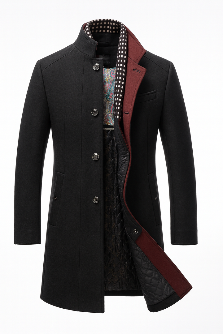 Men's textured button-front overcoat with Mandarin collar and contrast trim