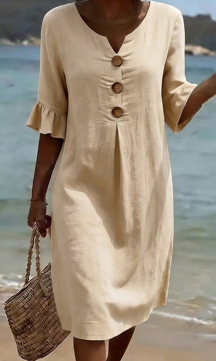 Women's Linen Blend Shift Dress, Buttoned V-Neck, Ruffle Cuffs