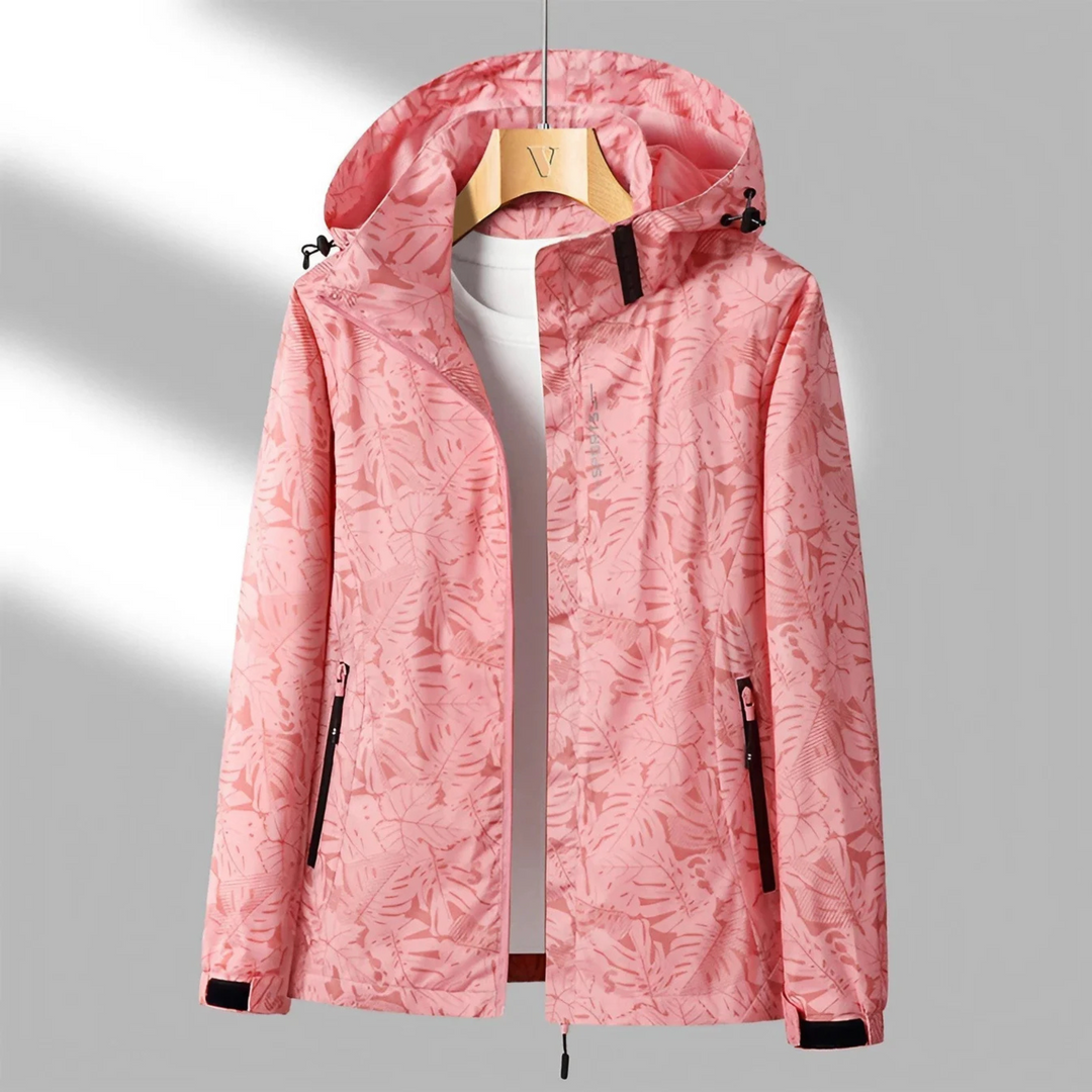 Women's hooded leaf print windbreaker jacket with front zip pockets