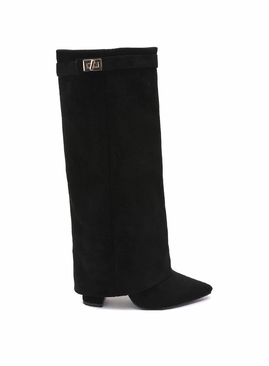 Black knee-high boots with pointed toes, low heels and decorative buckle trim