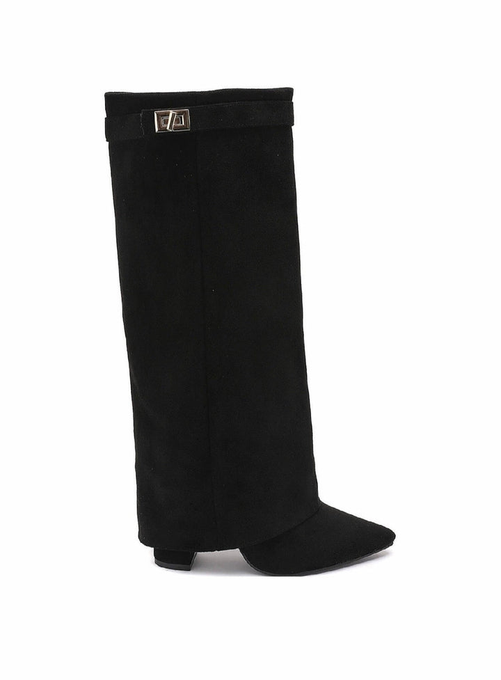 Black knee-high boots with pointed toes, low heels and decorative buckle trim