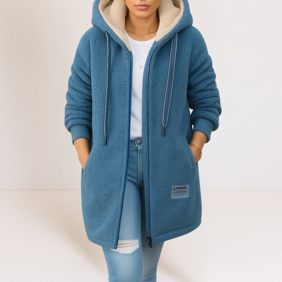Women's longline textured hooded jacket with zip front and pockets