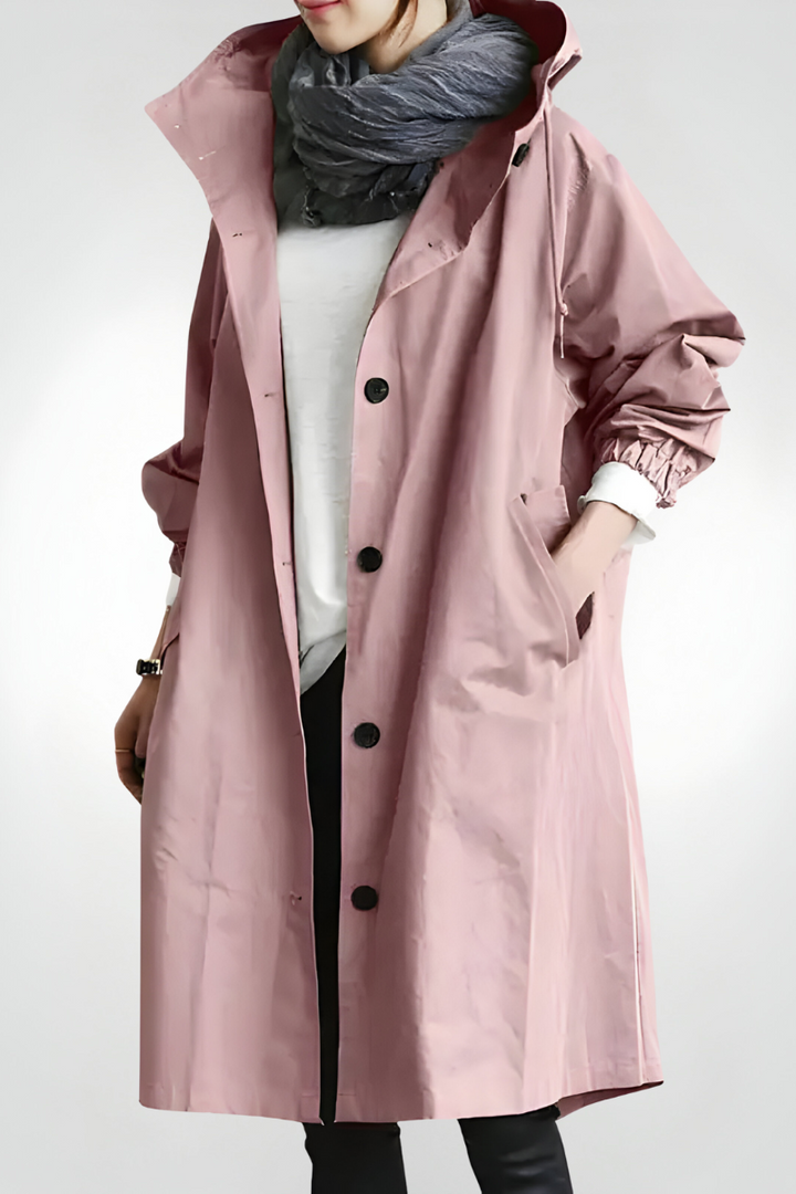 Women's longline hooded jacket with button front and gathered sleeves