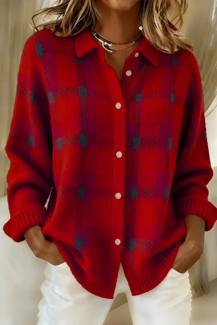 Women's checkered button-front cardigan with shirt collar