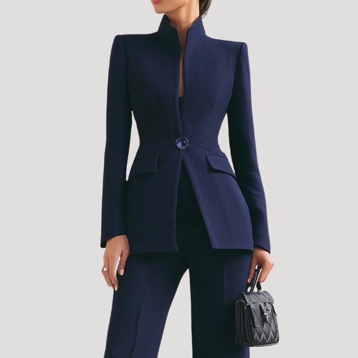 Women's blazer and wide-leg trouser suit set with high collar