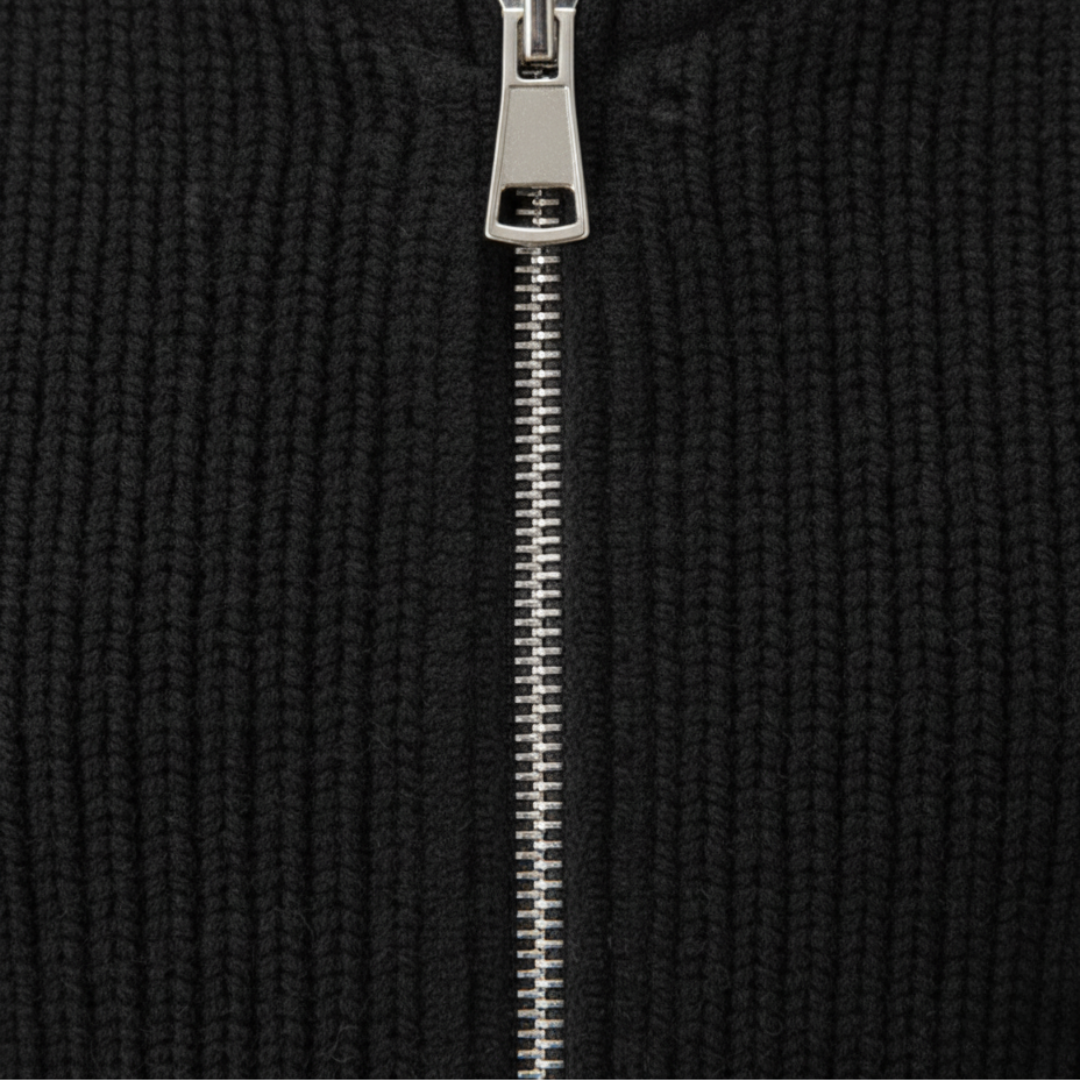 Men's ribbed knit zip cardigan with mock neck and long sleeves