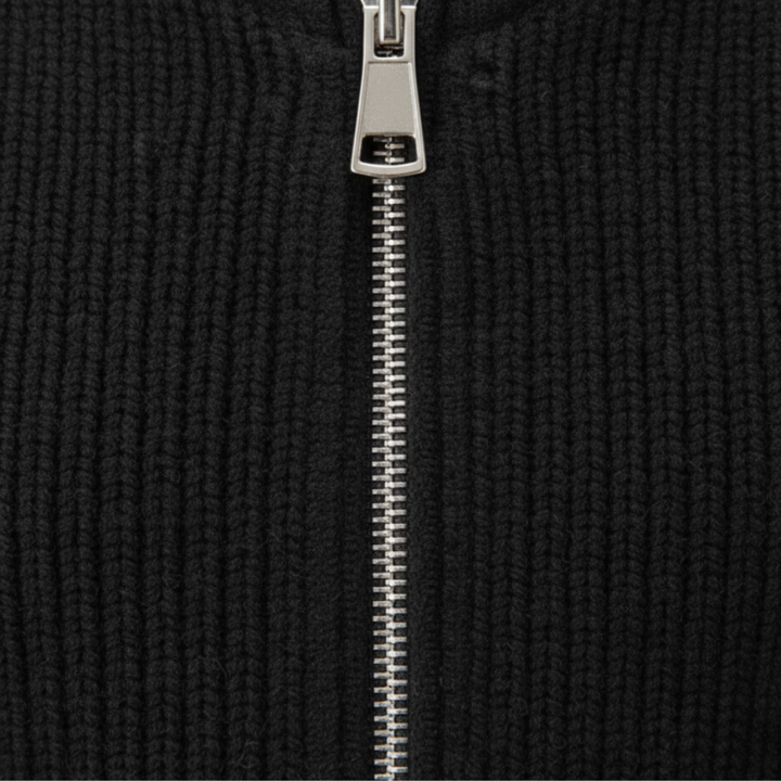 Men's ribbed knit zip cardigan with mock neck and long sleeves