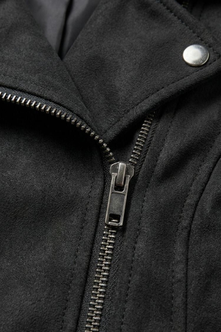 Women's cropped biker jacket with notched lapels and front zippers