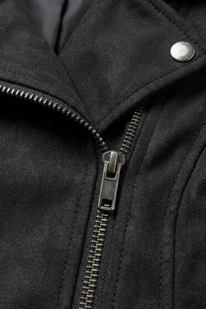 Women's cropped biker jacket with notched lapels and front zippers