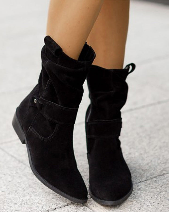 Women's slouch ankle boots with low heels, side zippers and wraparound straps