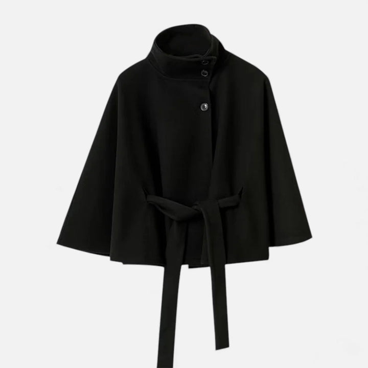 Women's short belted cape coat with stand collar and wide sleeves