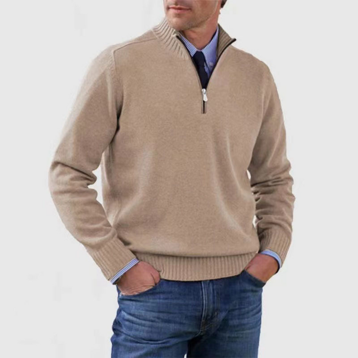Men's long-sleeve half-zip mock neck sweater with ribbed trims