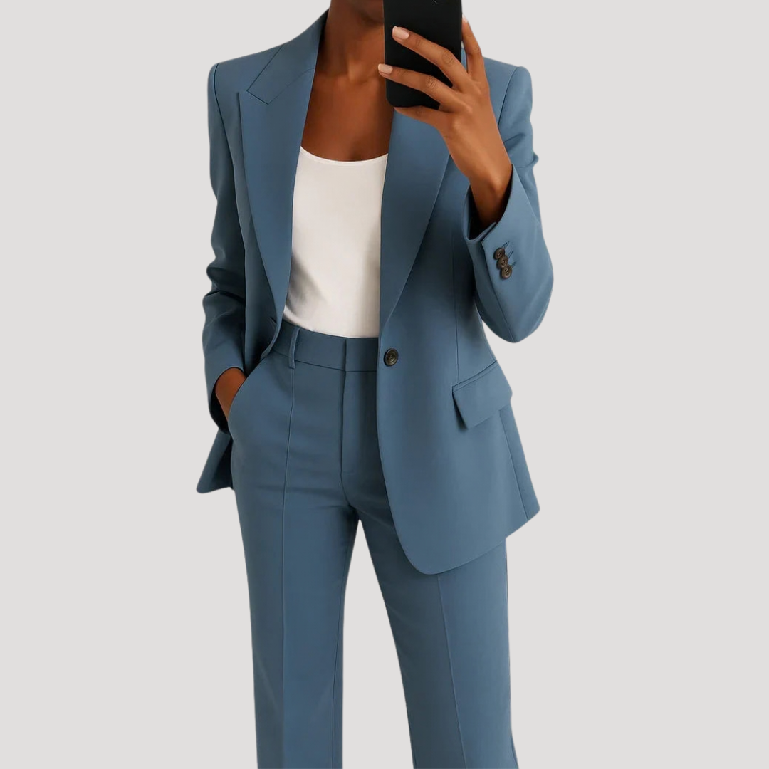 Women's tailored two-piece suit with notched-lapel blazer and straight-leg trousers