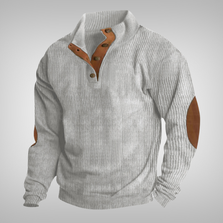 Men's ribbed mock neck sweater with button placket and elbow patches