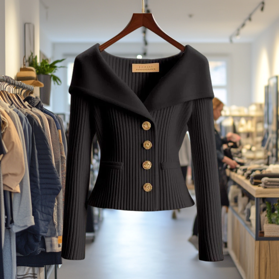 Women's ribbed button front cardigan with shawl collar, long sleeves and front pockets