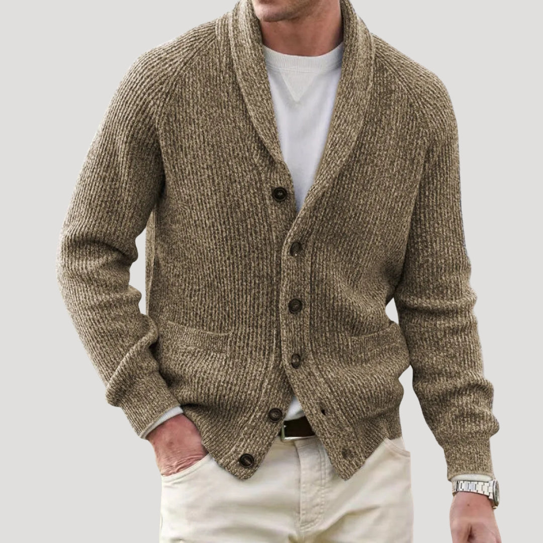 Men's ribbed knit cardigan with shawl collar, button front and front pockets