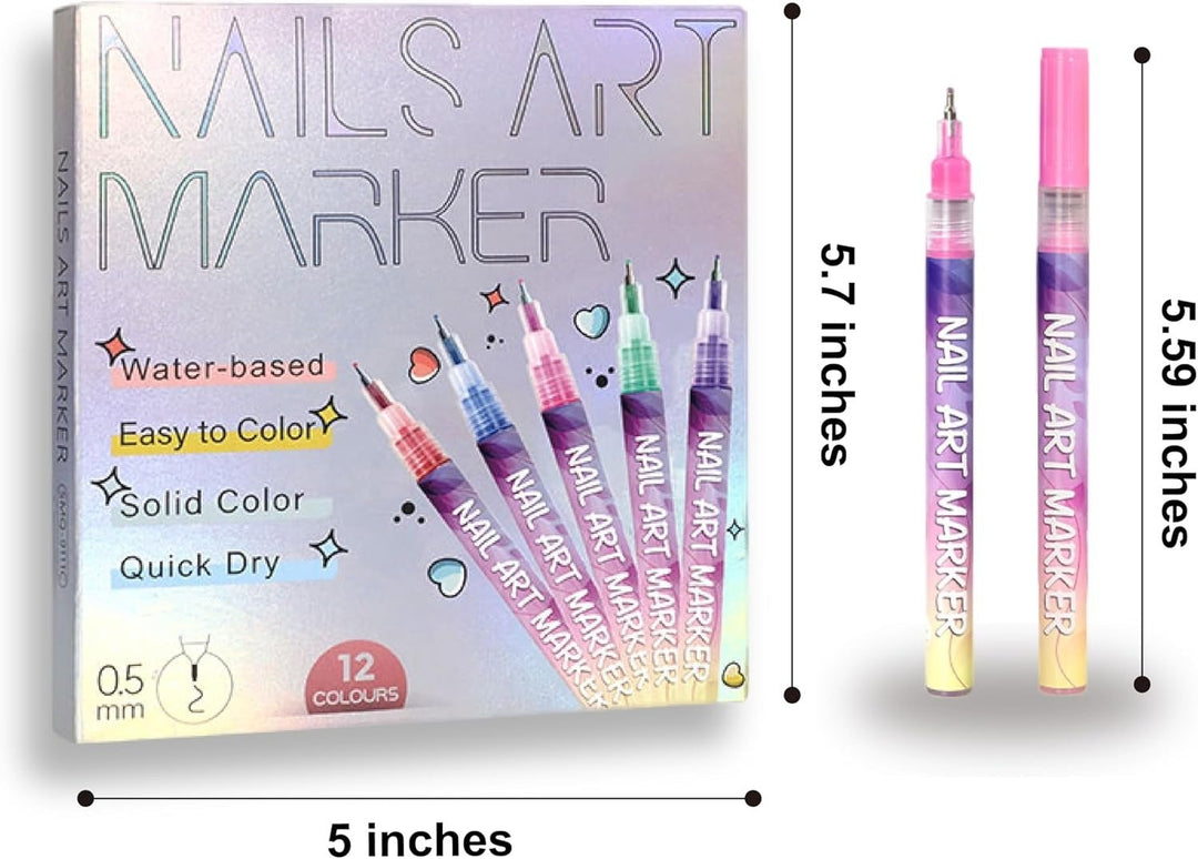 Set of 12 colourful water-based nail art pens with fine tips and storage box