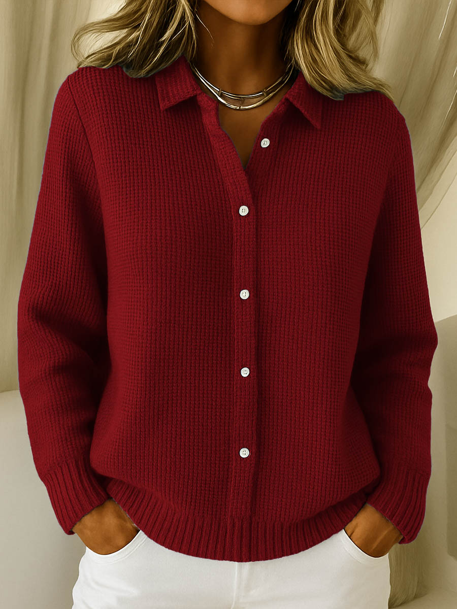 Women's ribbed knit cardigan with collar and button front