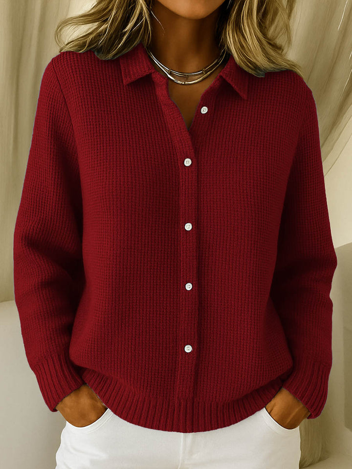 Women's ribbed knit cardigan with collar and button front