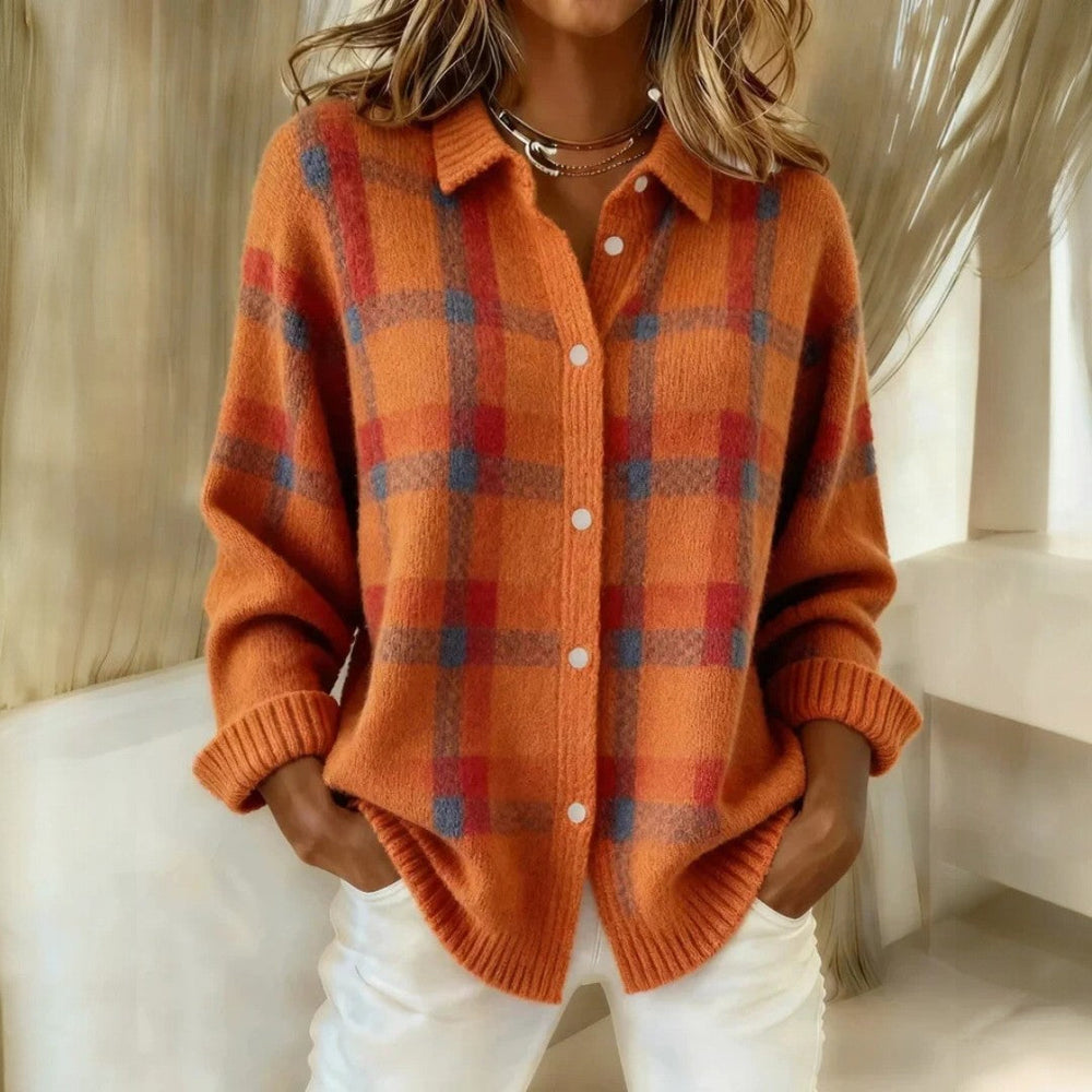 Women's checked collared button sweater with long sleeves and ribbed trims