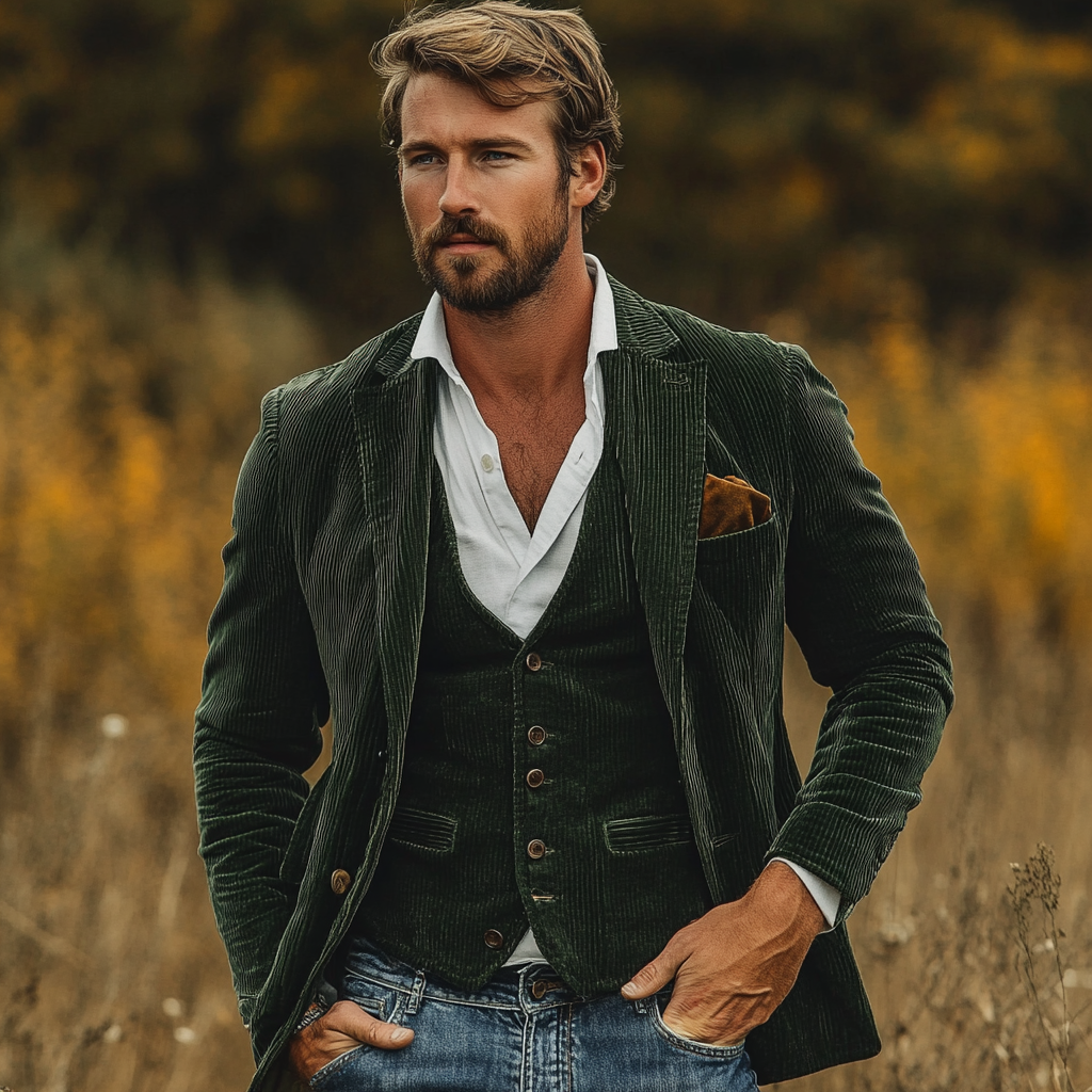 Men's textured blazer with buttoned waistcoat and notched lapels