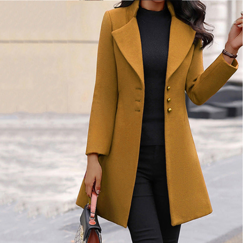Women's long tailored coat with notched lapels and button front