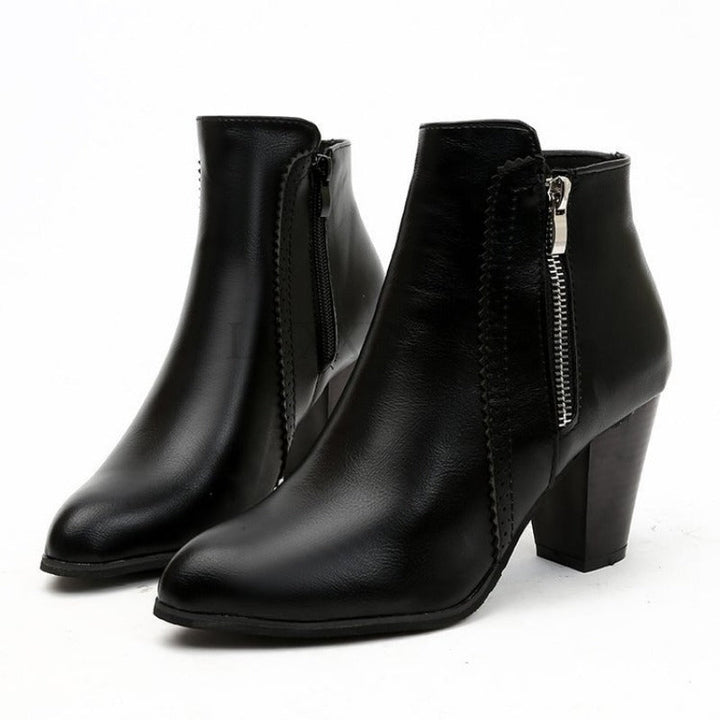 Women's heeled ankle boots with pointed toe, side zipper and high block heel