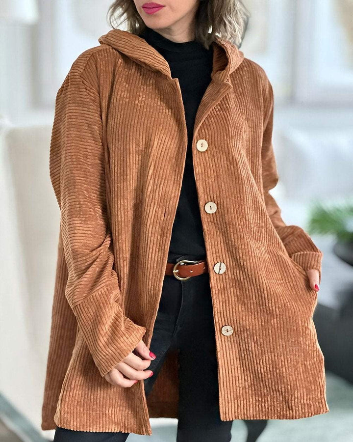 Women's corduroy hooded jacket with buttons and side pockets