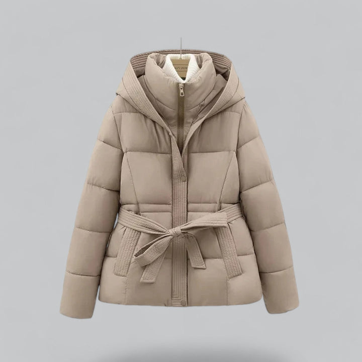 Women's belted quilted hooded parka jacket