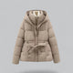 Women's belted quilted hooded parka jacket
