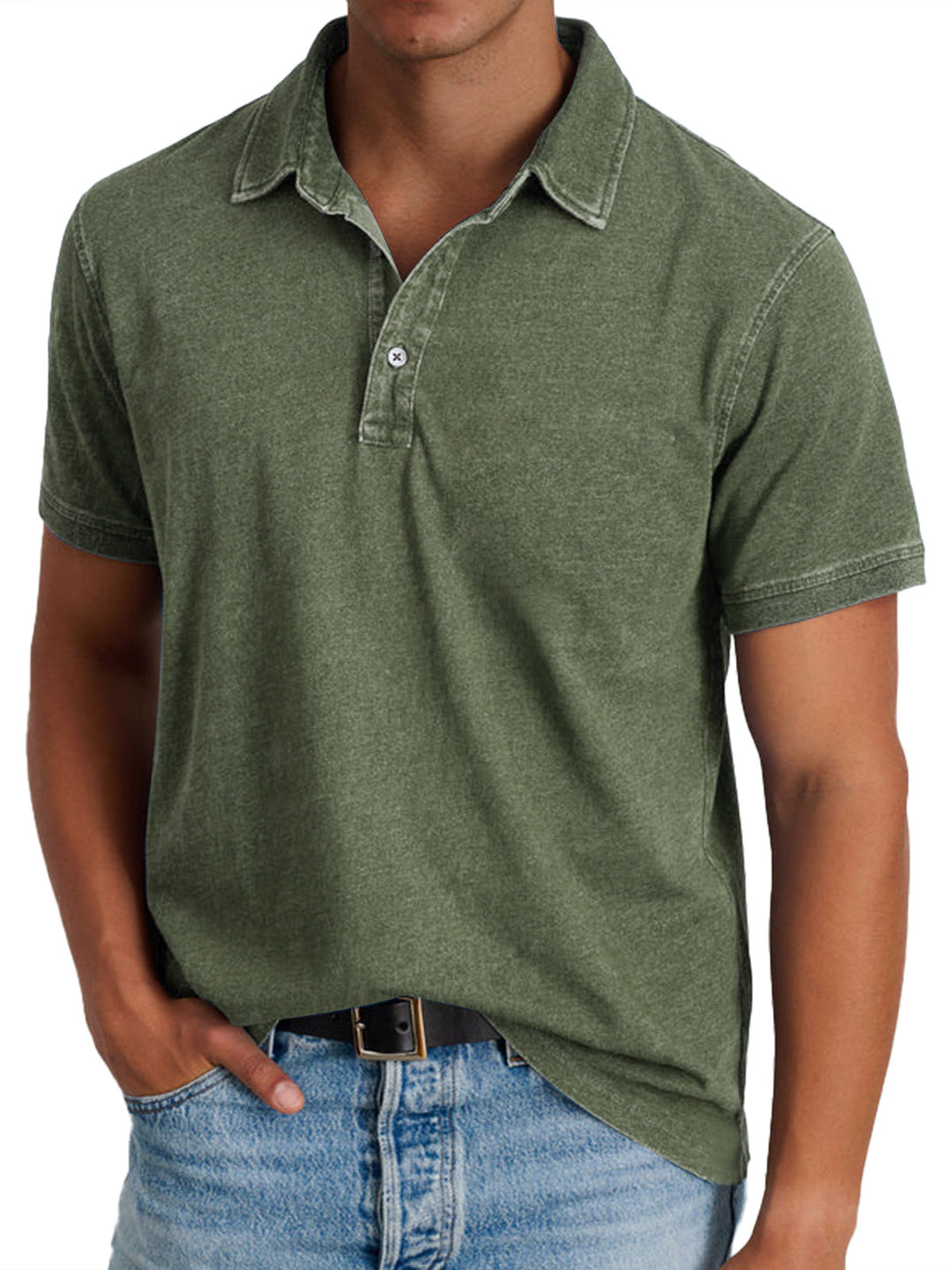 Men's blue polo shirt with collar and button front, short sleeves