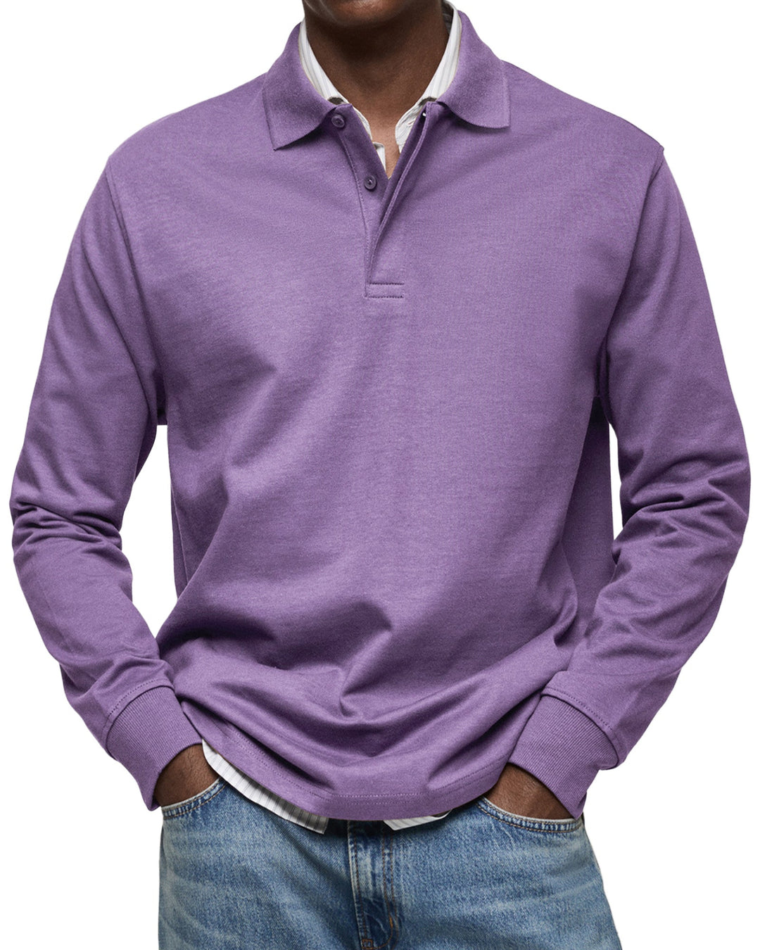 Men's long sleeve polo sweater with collared button placket and ribbed cuffs