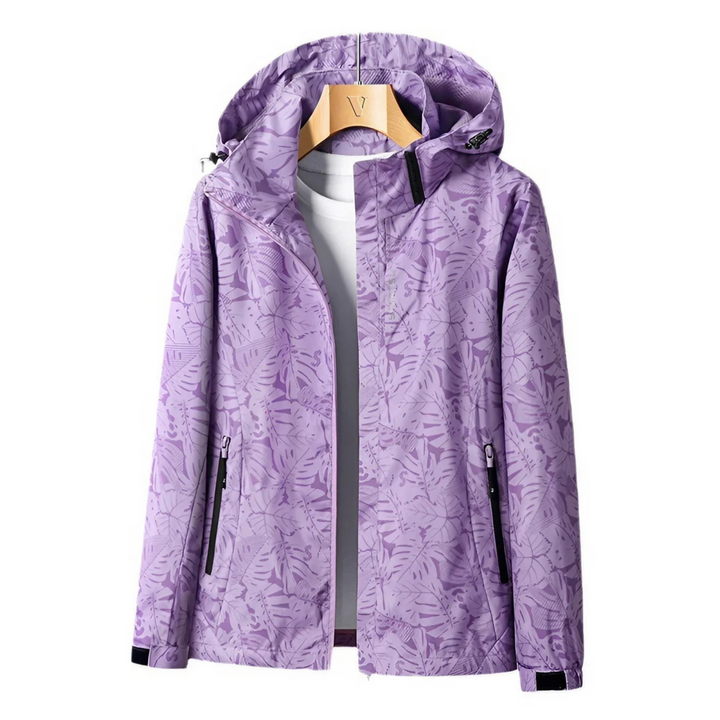 Women's hooded leaf print windbreaker jacket with front zip pockets