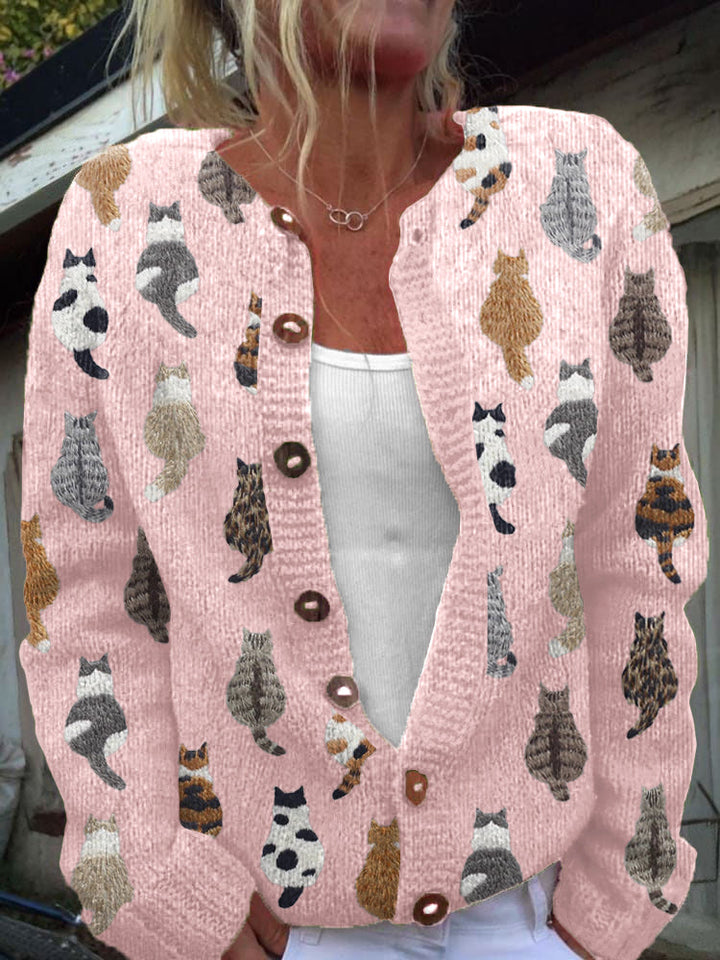 Women's button-front cardigan with repeating cat print and long sleeves