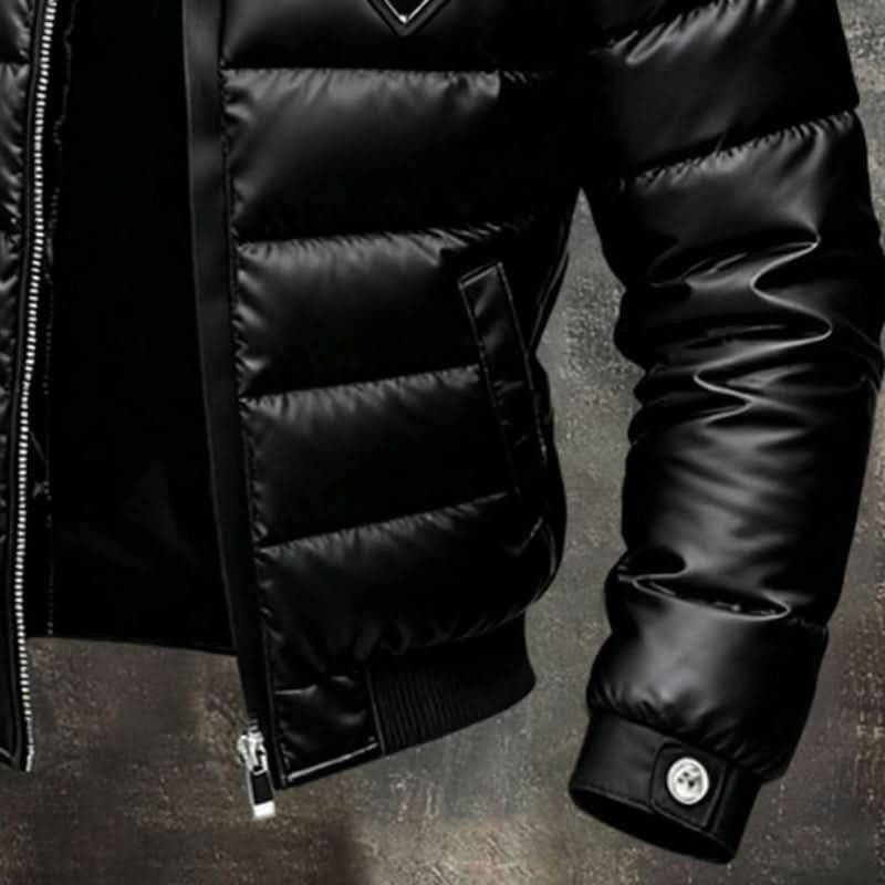 Men's black quilted puffer jacket with stand collar and front zipper