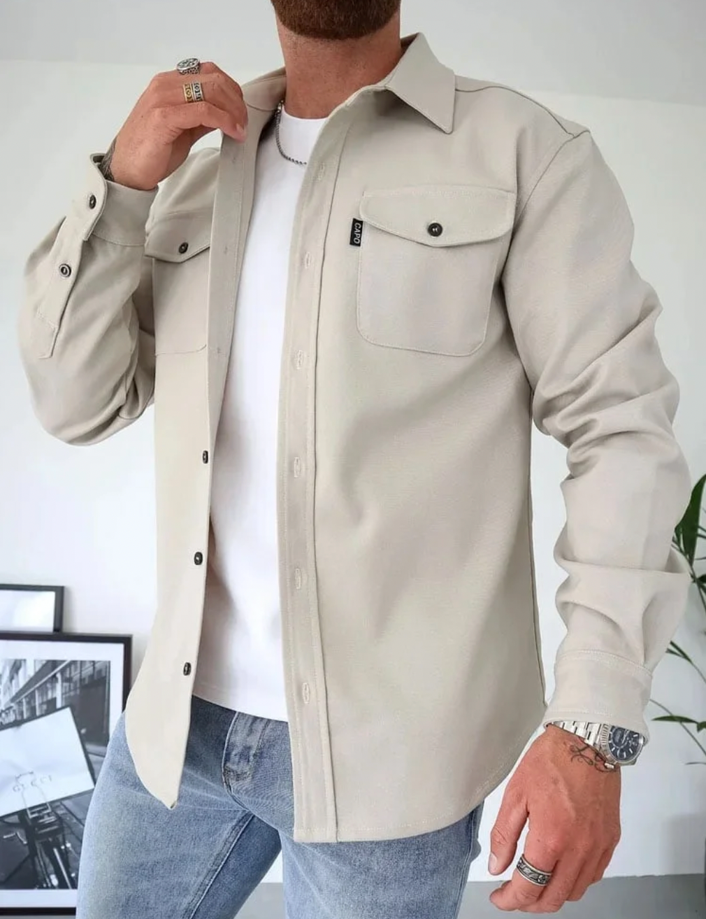 Men's long-sleeve shirt jacket with pointed collar, button front and flap chest pockets