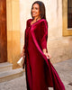 Long velvet cape with tie front and draped full-length shape