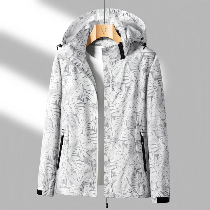 Women's hooded leaf print windbreaker jacket with front zip pockets