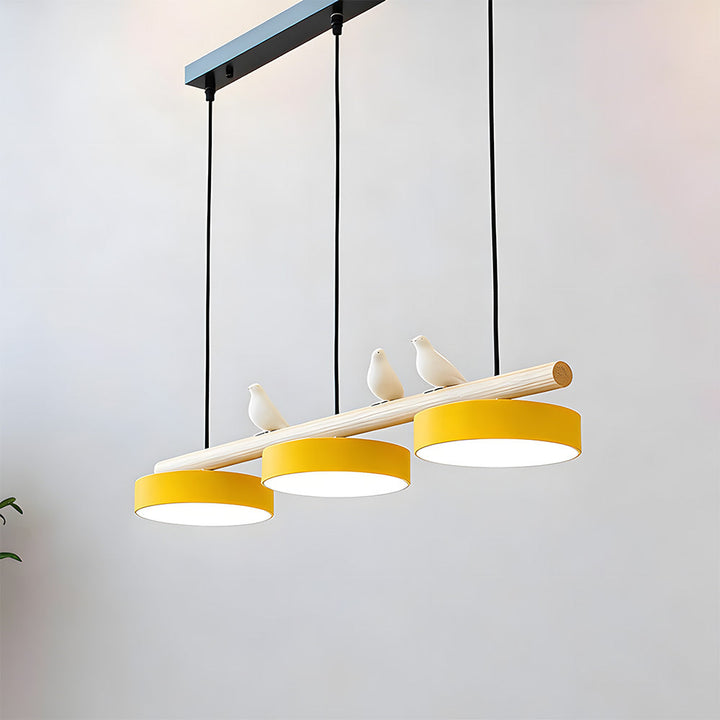 Three-lamp LED pendant light with wood-effect bar and bird details