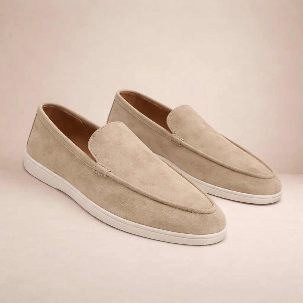 Men's casual slip-on loafers with moc toe stitching and flat white soles