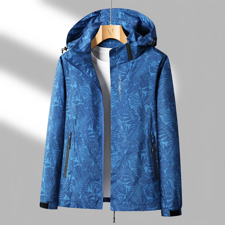 Women's hooded leaf print windbreaker jacket with front zip pockets
