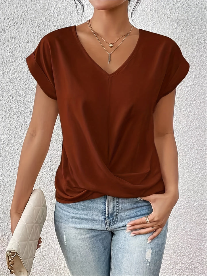 Women's v-neck short sleeve t-shirt with wrap front in mauve