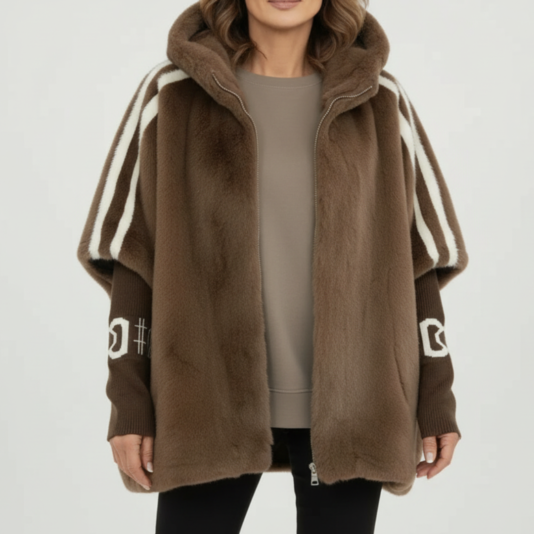 Women's hooded faux fur parka with contrasting striped sleeves