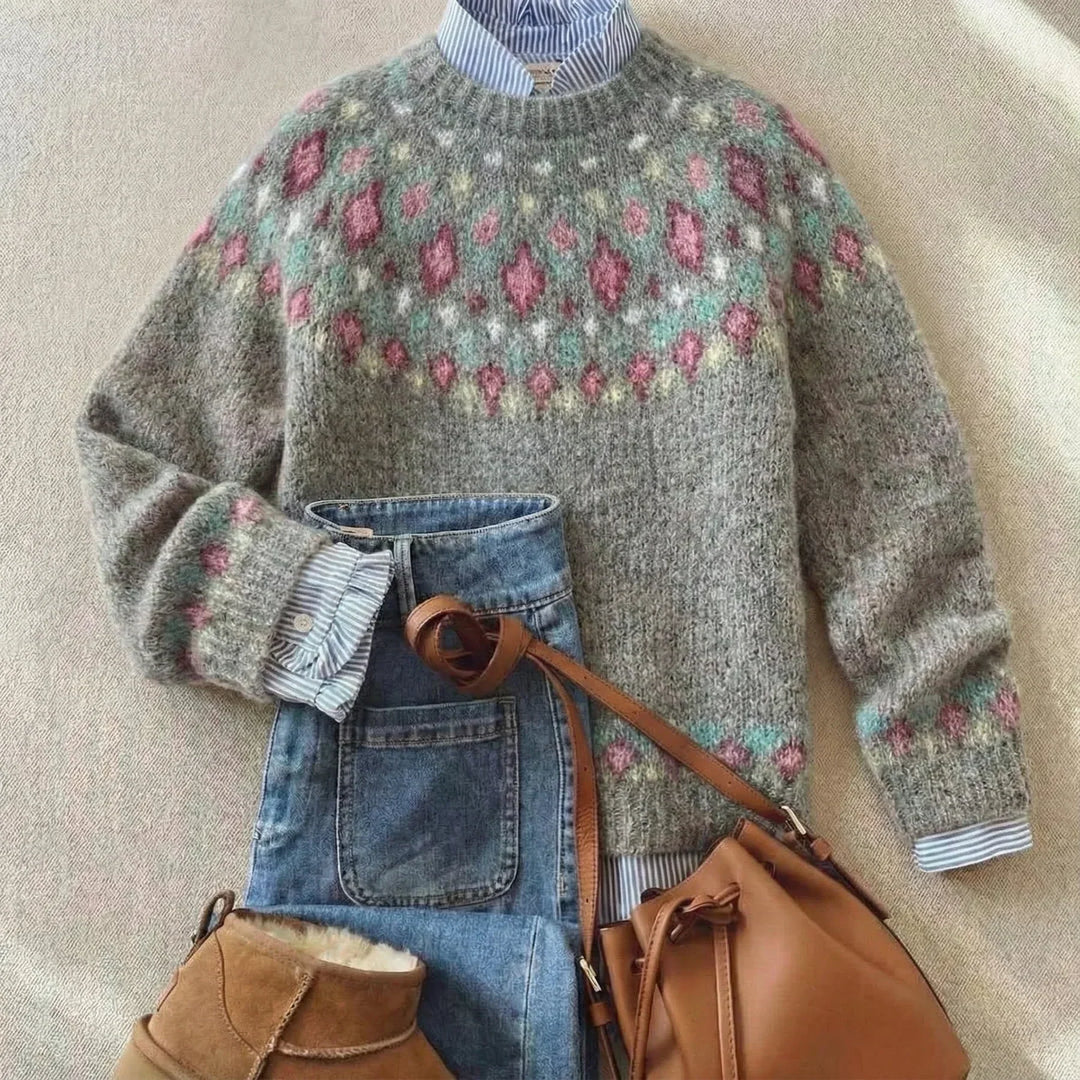 Women's gray floral knit sweater with crew neckline and long sleeves