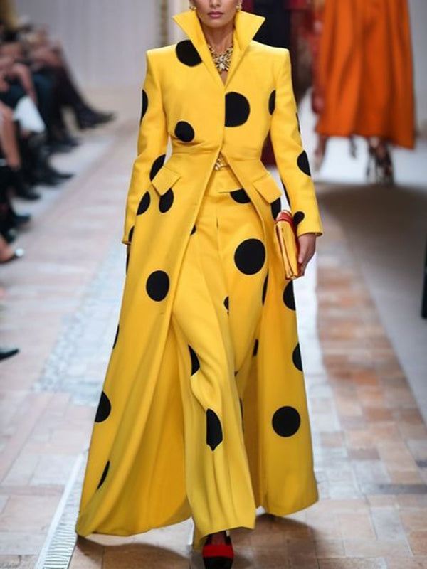Women's yellow long coat with black polka dots and high lapel collar