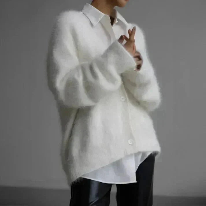 Women's fuzzy knit V-neck cardigan with button front and long sleeves