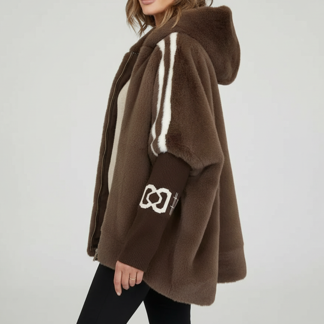 Women's hooded faux fur parka with contrasting striped sleeves